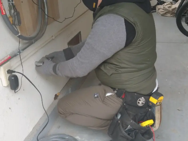 Electrician performing outlet wiring in a Claryville garage
